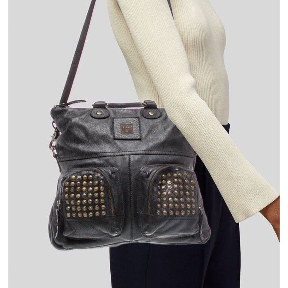 FRYE Brooke Fold Over Black Leather Handbag Studded Multi-strap** Moto Slouchy